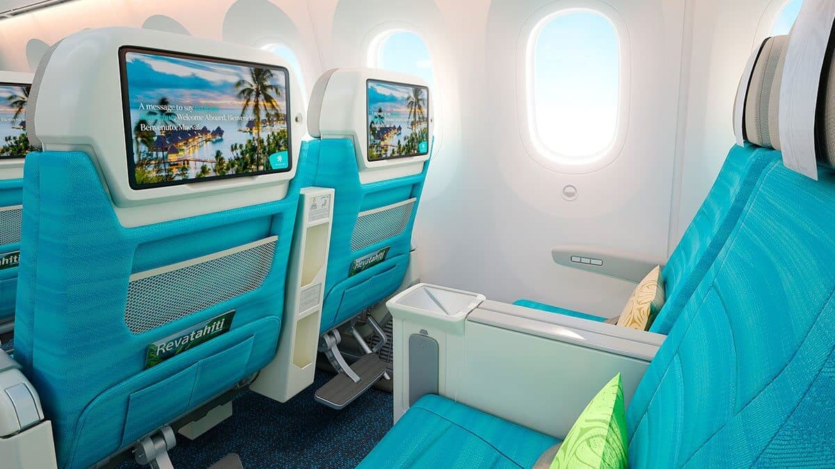 Air Tahiti Nui economy class with in-flight entertainment on