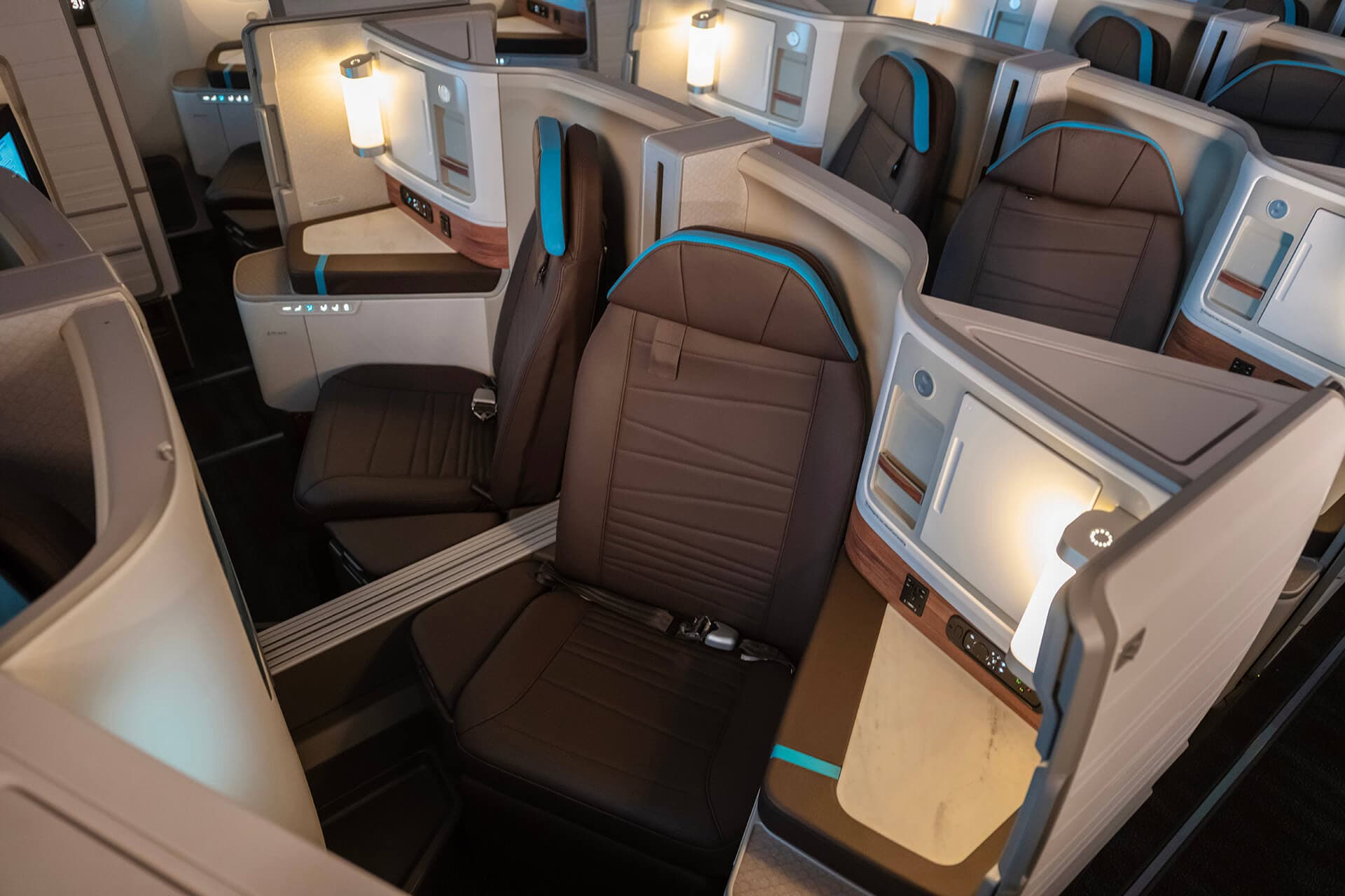 Hawaiian Airlines 787 Premium Cabin with brown leather business class seat