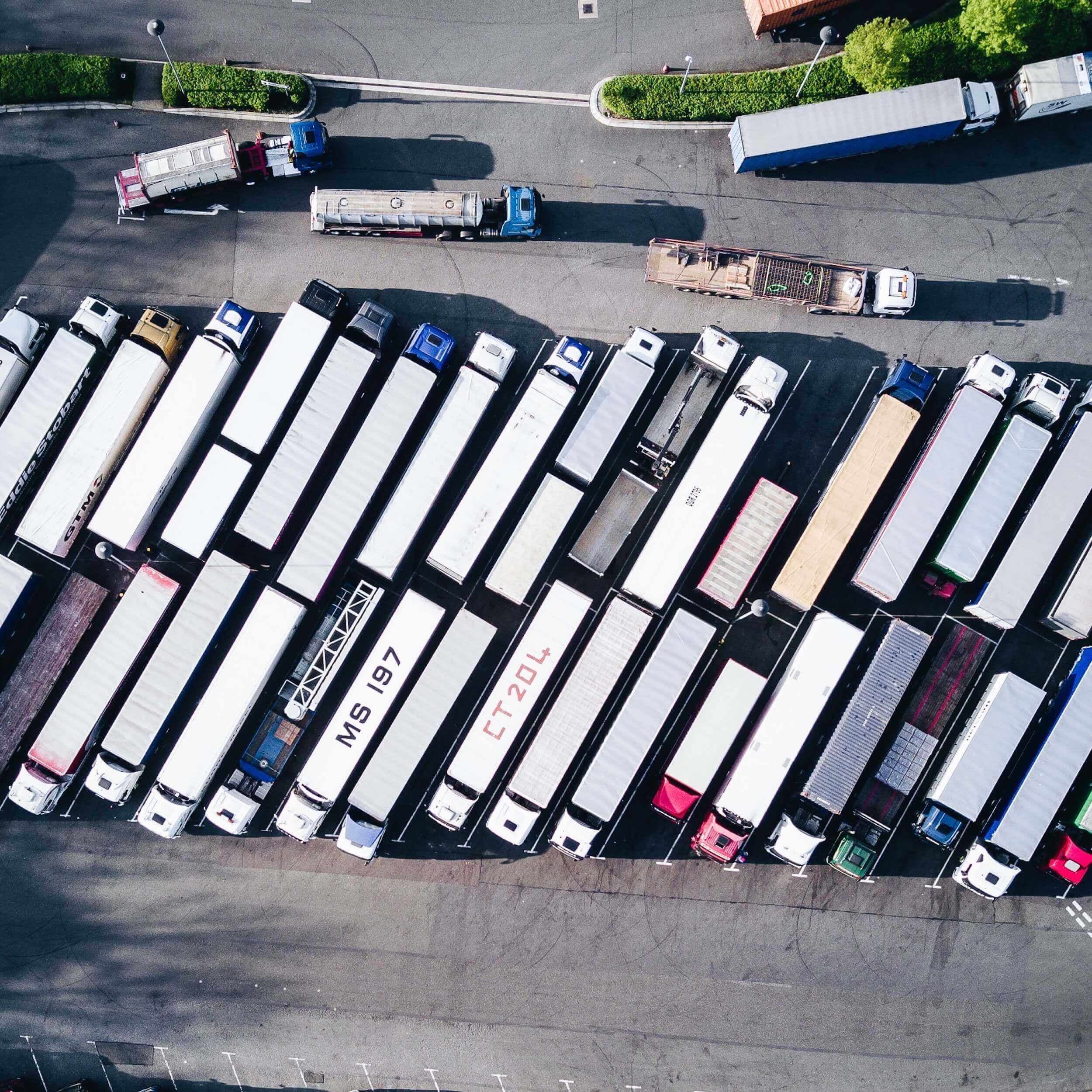Aerial view of trucks lined up for frieght