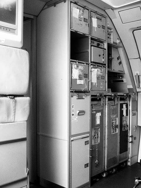 Airplane galley full of different branded products
