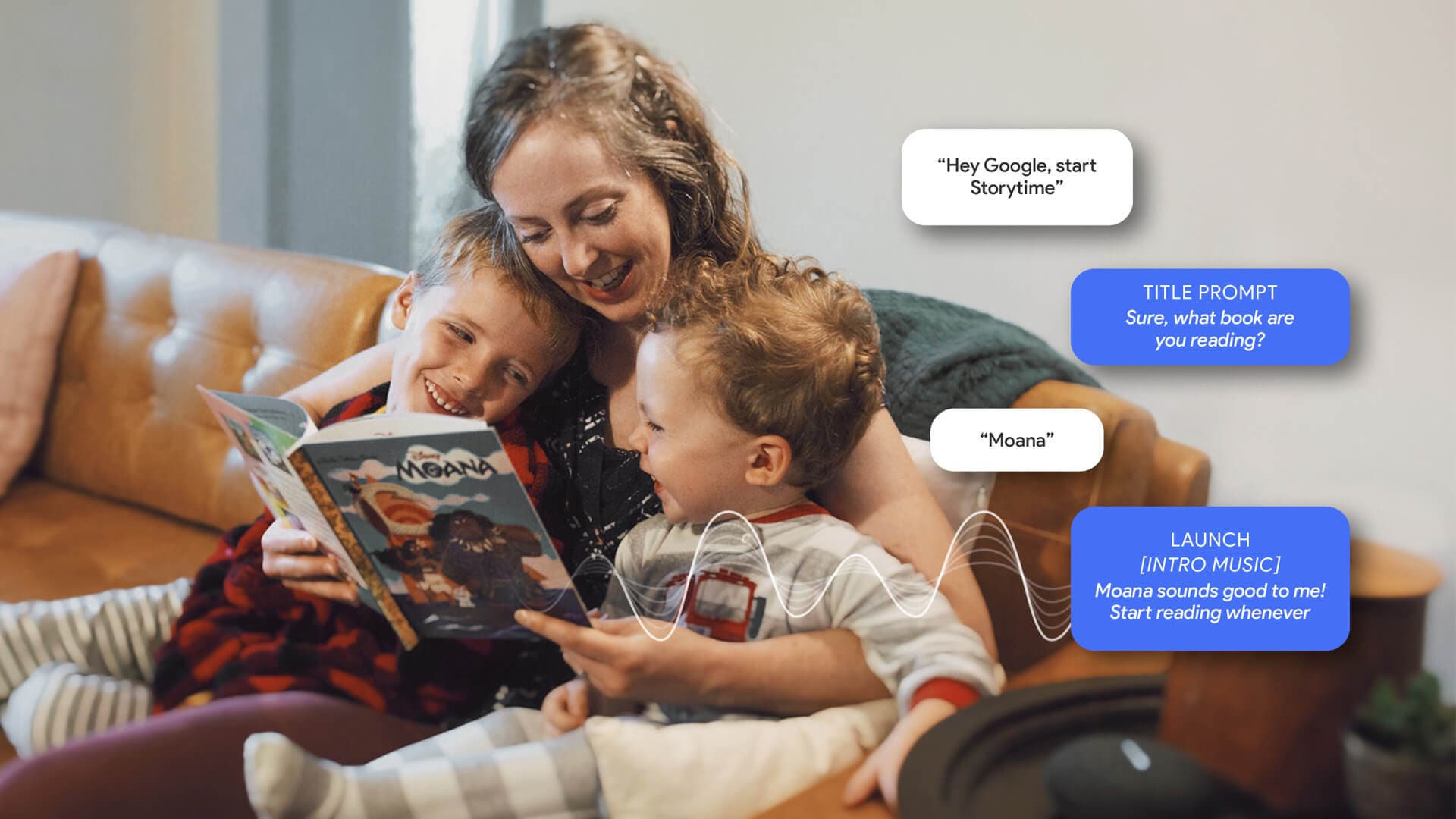 Women reading book to two children with speech bubbles displaying voice interaction with Google Home Mini