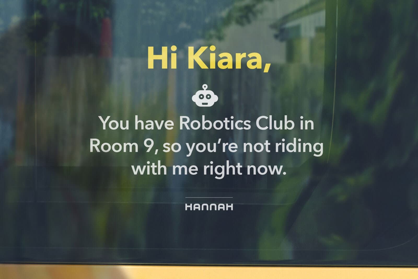 Hannah greeting screen welcoming a child on board with a personalized reminder notification