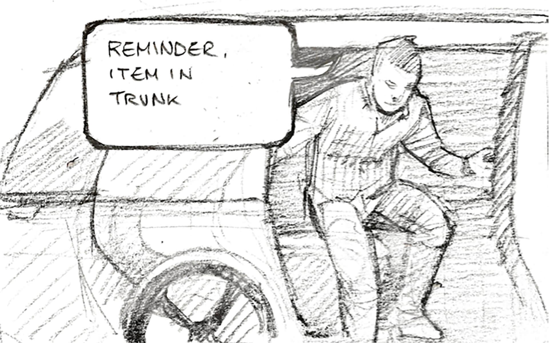 Sketch of man exiting a car with a reminder notification