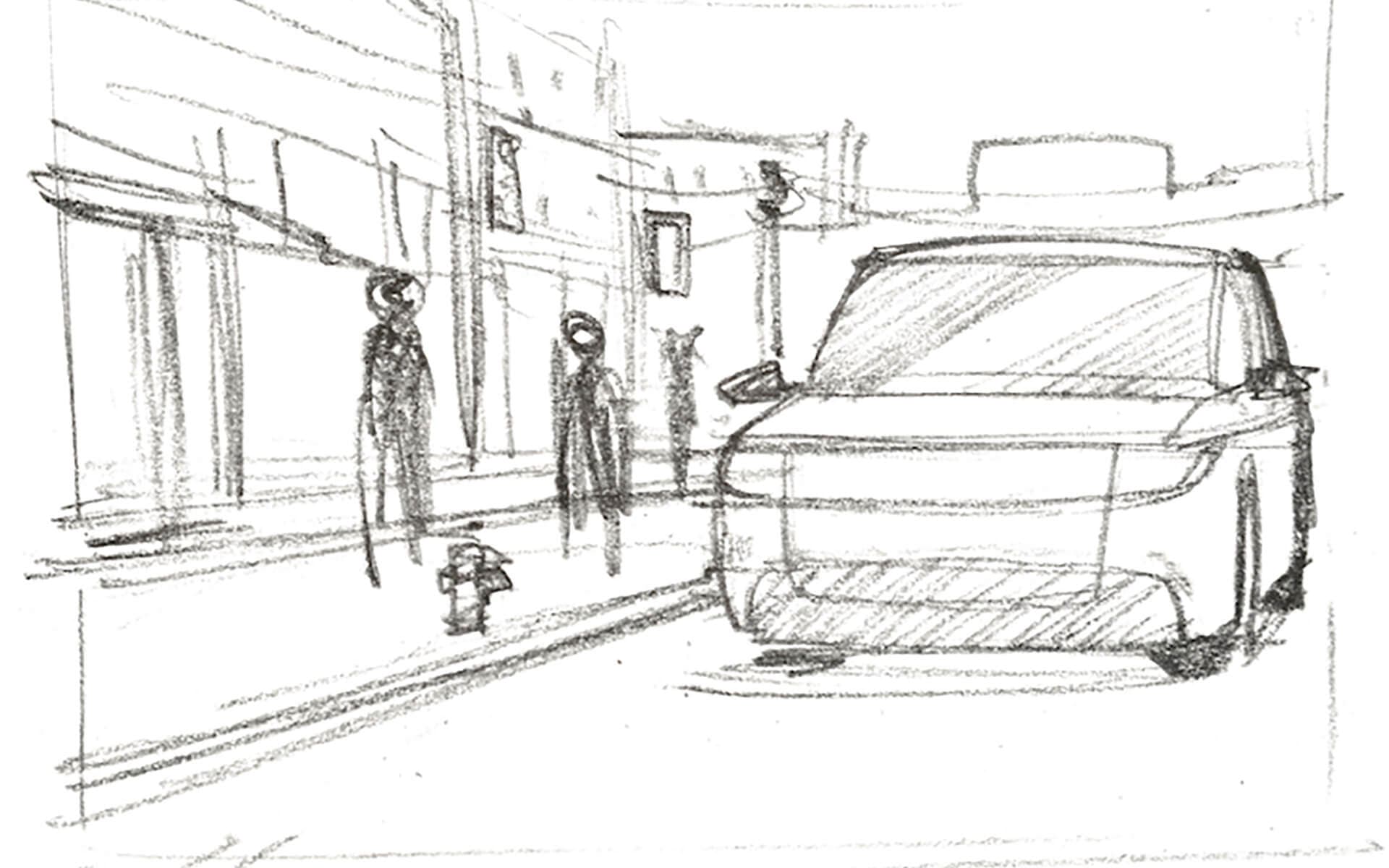 Sketch of car pulling up to a curb to pick someone up