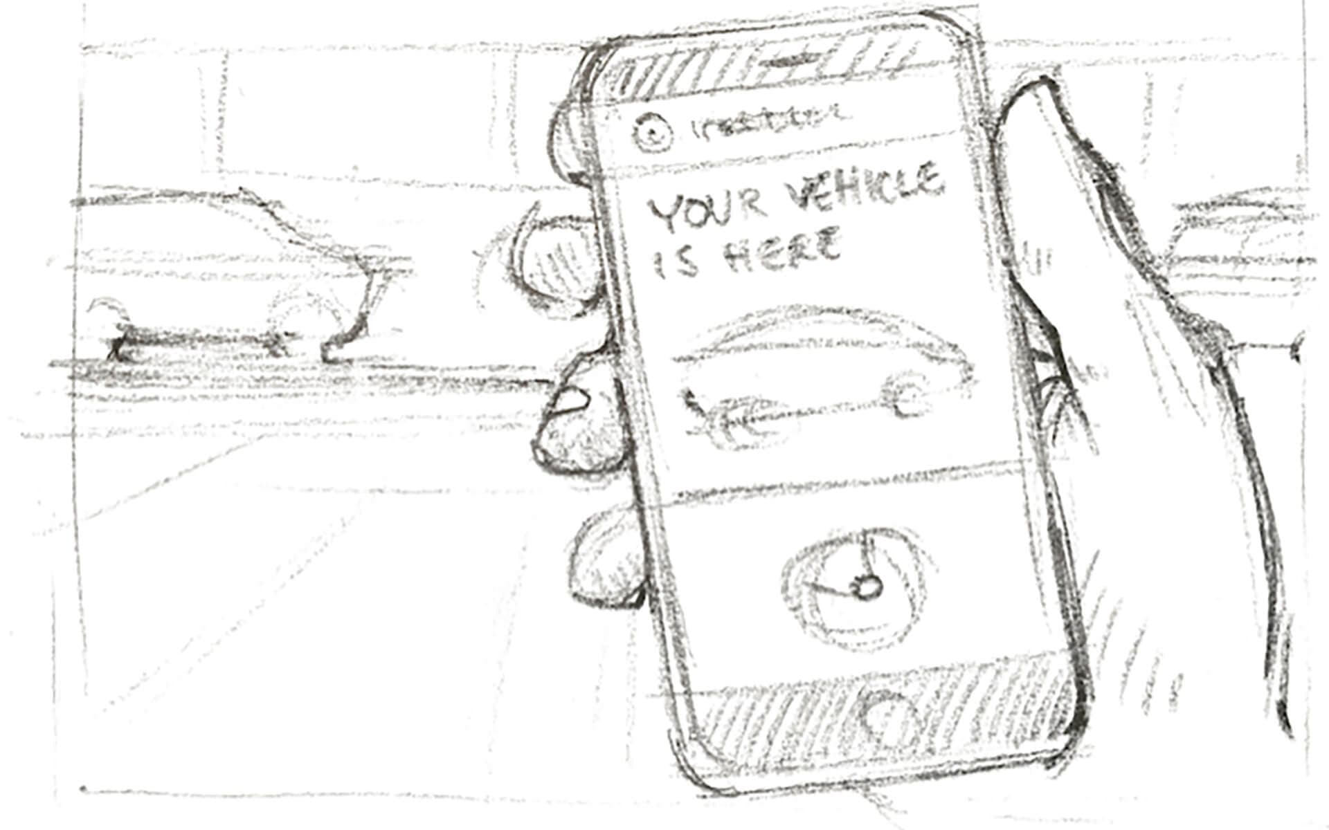 Sketch of UI with display notification on phone in hand