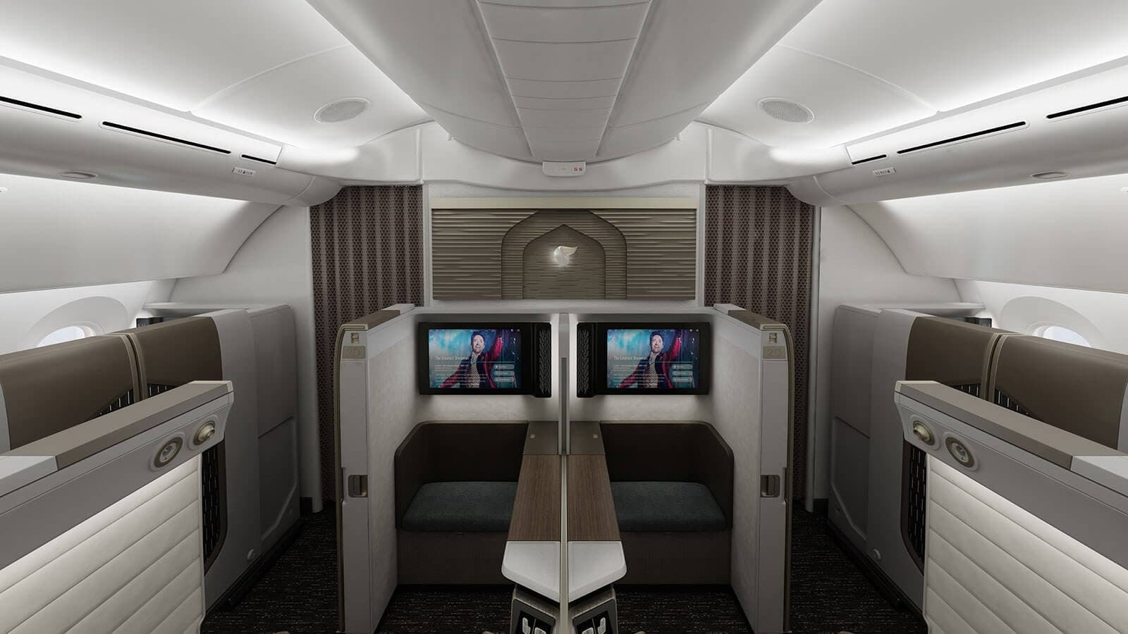 Oman Air brightly lit First Class Cabin with lit bulkhead feature