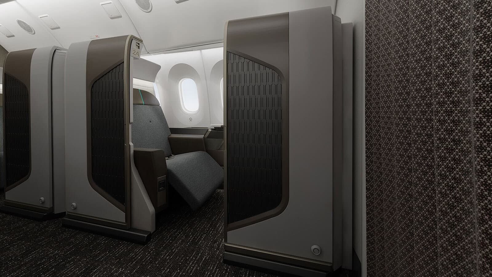 787 First Class suite in grey and brown tones with door open