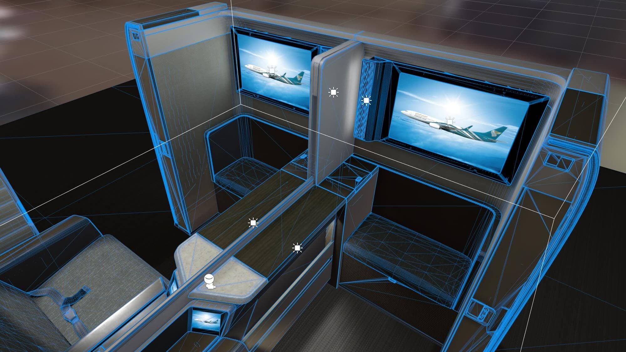 Digital VR prototype of Oman Air's Business Class suite