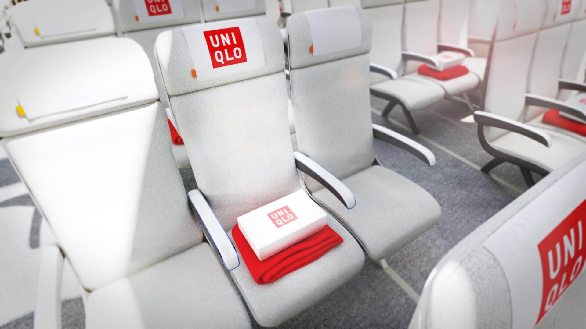 White airplane seat with Uniqlo branding