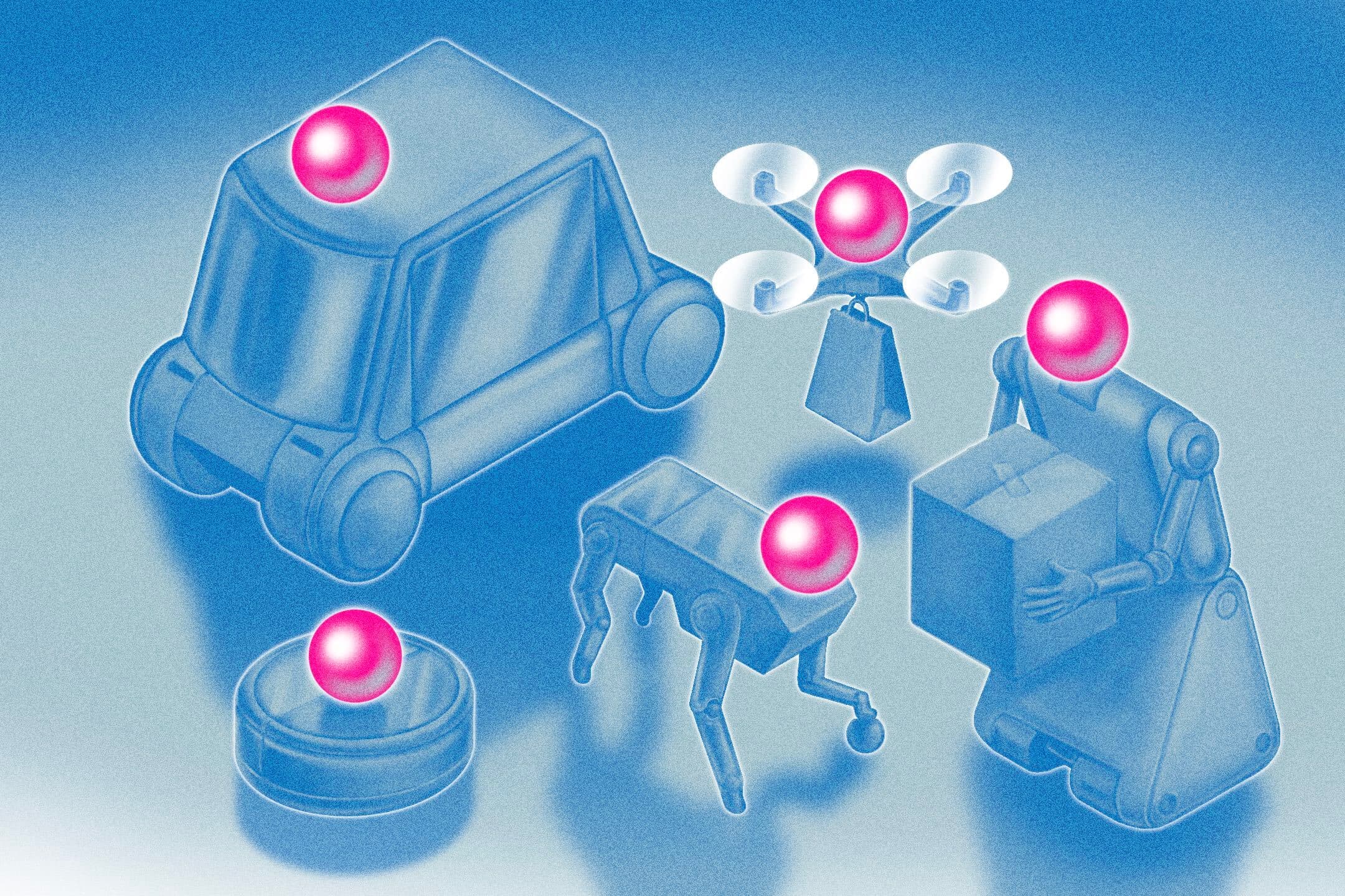 An assortment of artificial intelligence robots are collected in a group, with glowing orbs representing their intelligence and ways of communicating with humans.