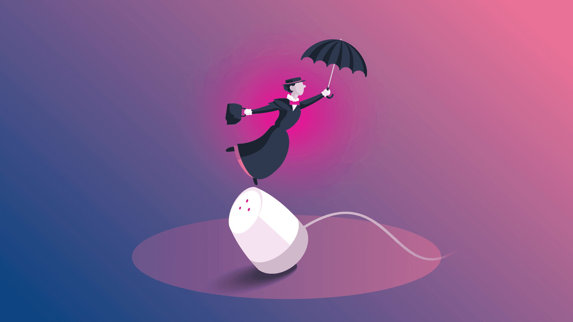 Illustration of Mary Poppins standing with an umbrella on top of a smart speaker
