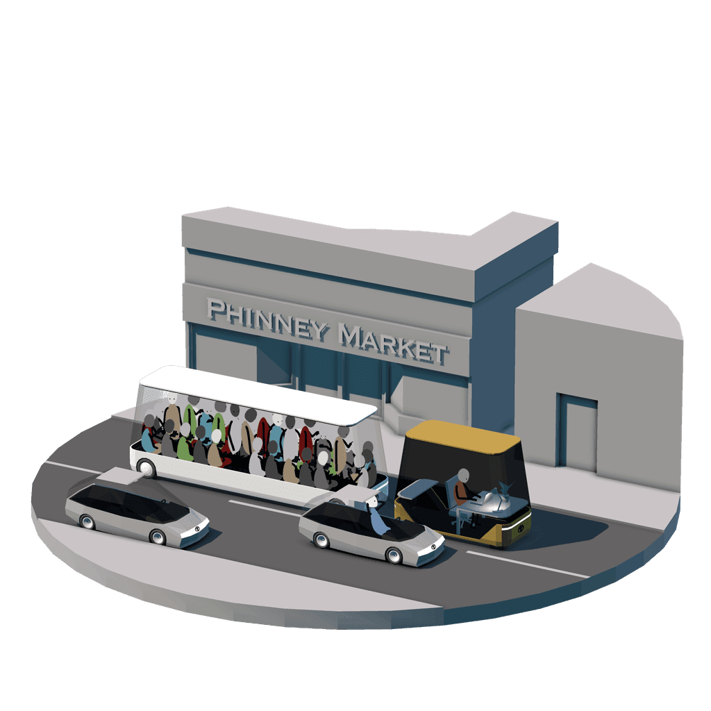 3D vignette of autonomous bus full of people outside a market