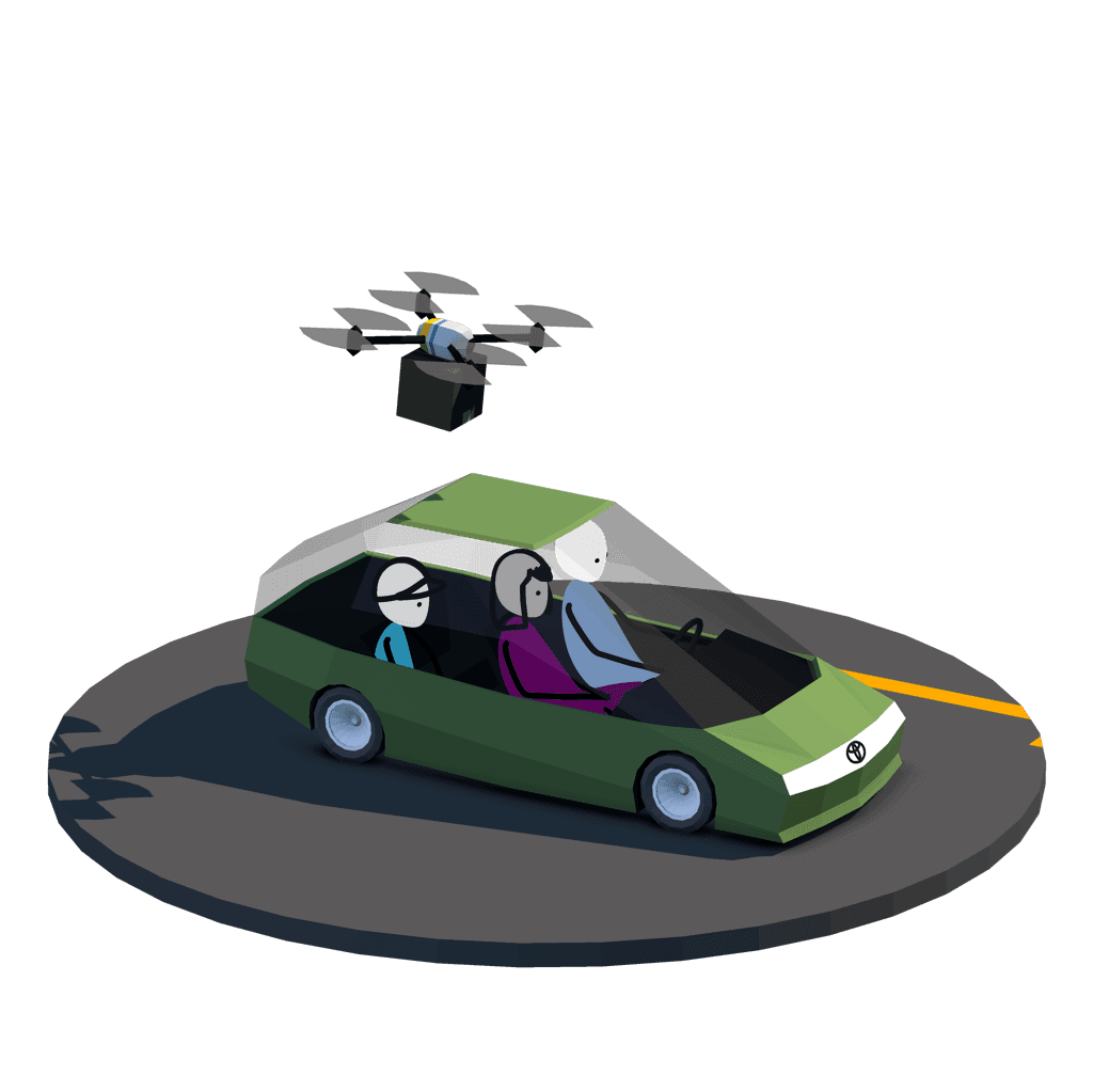 3D illustration of three people in a green car with a drone overhead