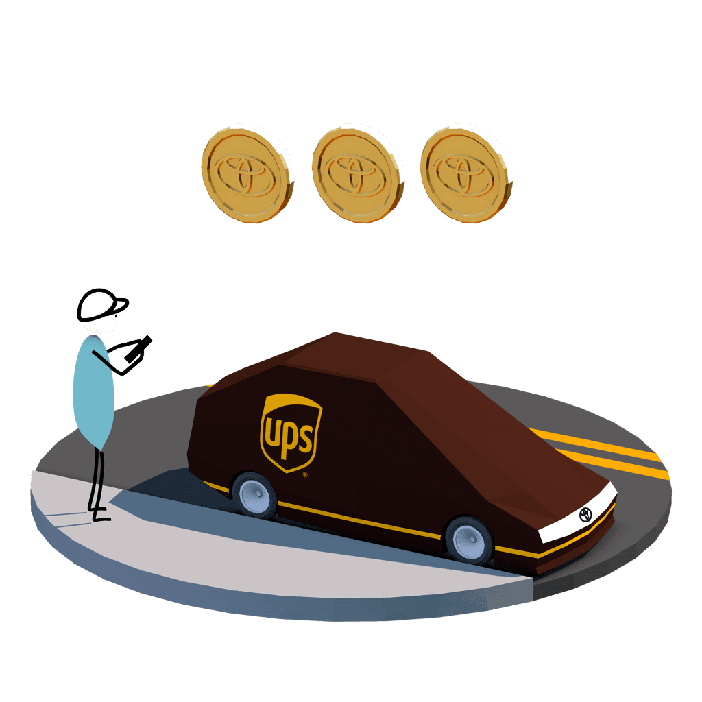 3D Illustration of figure standing in front of UPS autonomous car with three coins floating above it