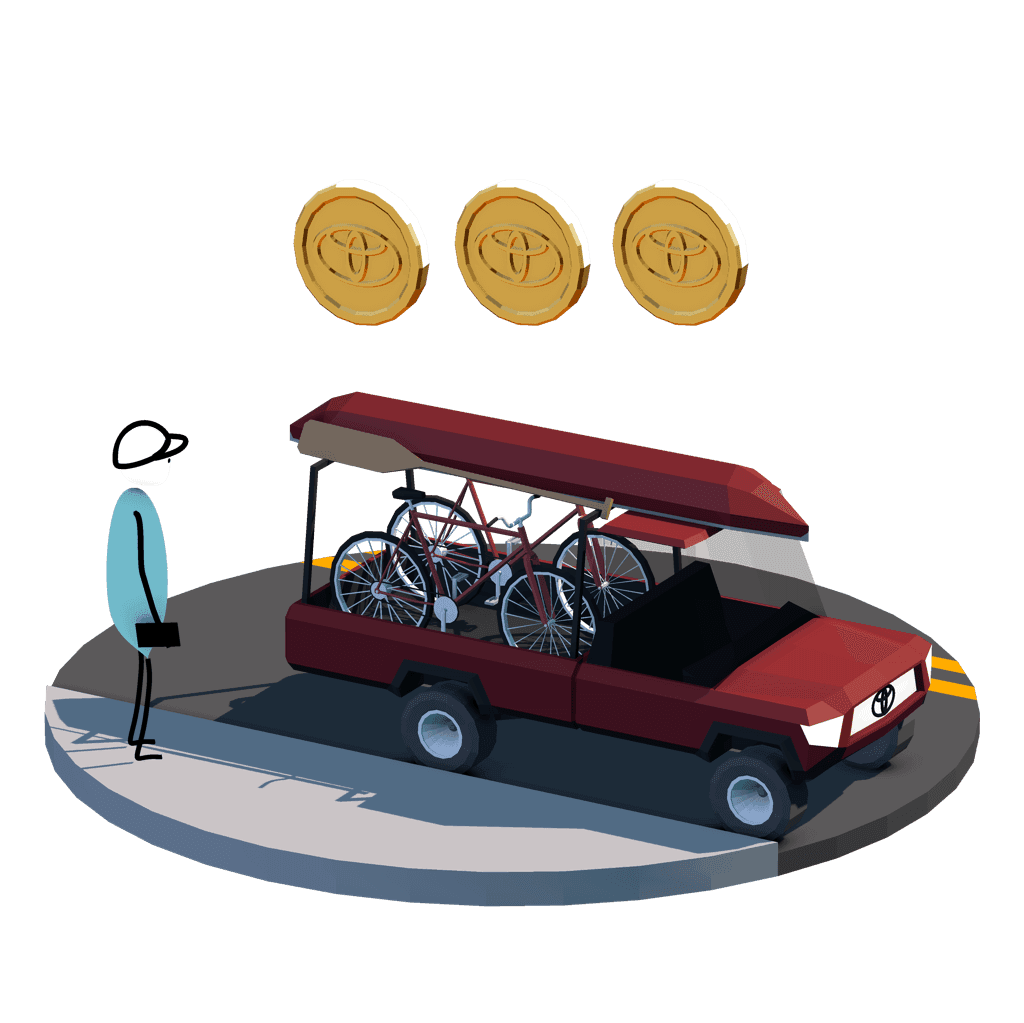 3D illustration of man standing in front of truck full of bikes with three coins floating above it