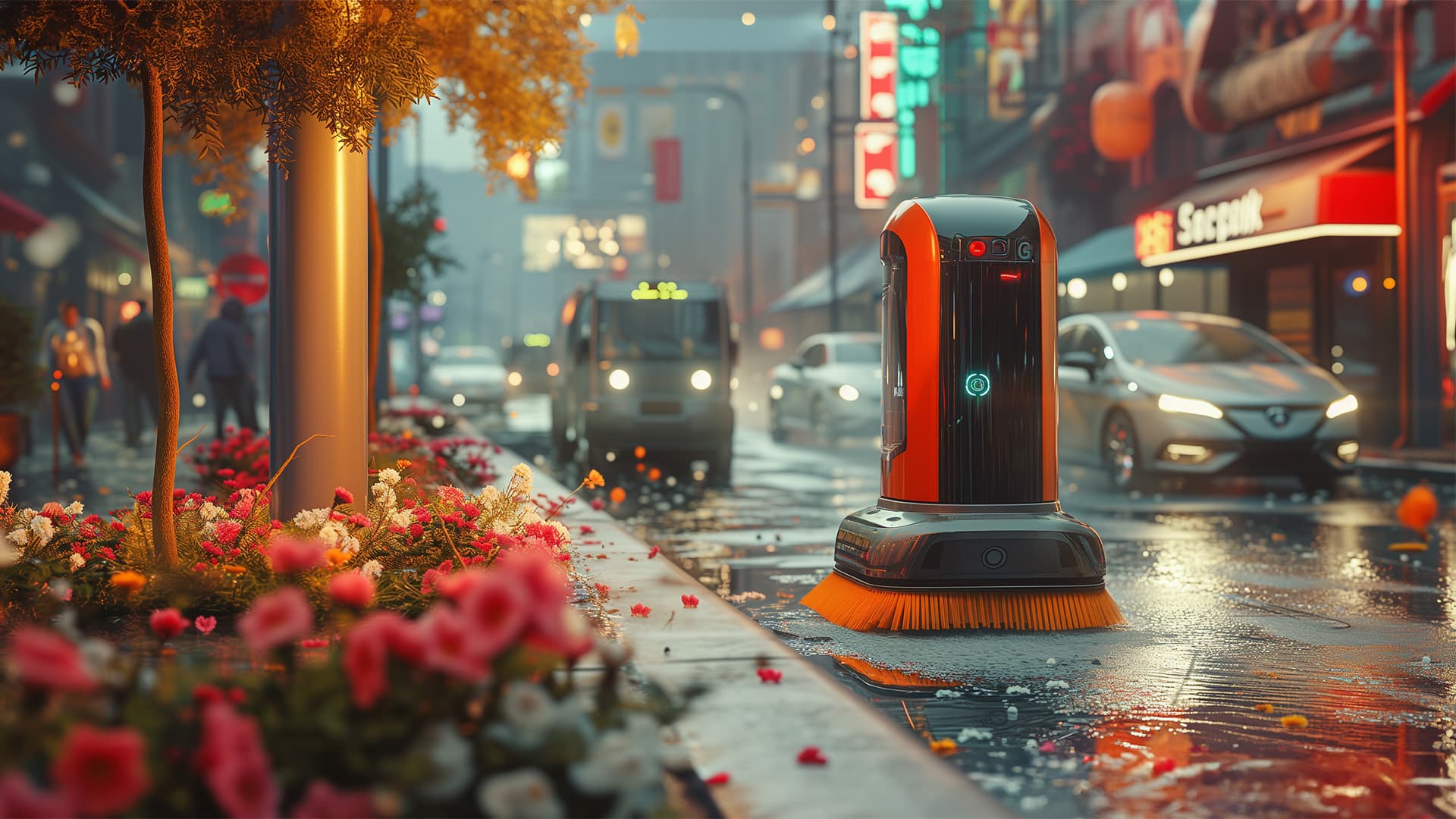 Street cleaning robot working in a vibrant city to collect debris from the road