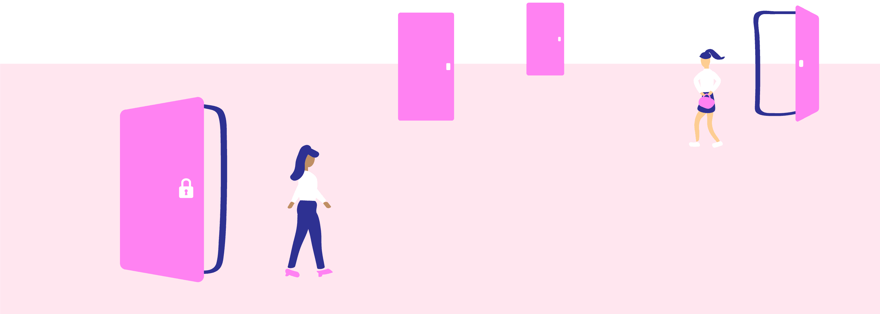 Illustration of women walking out of a series of doors