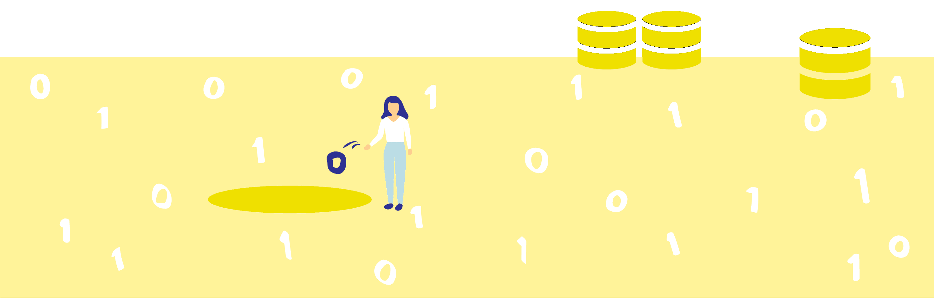 Illustration of woman throwing a piece of computer code into a hole
