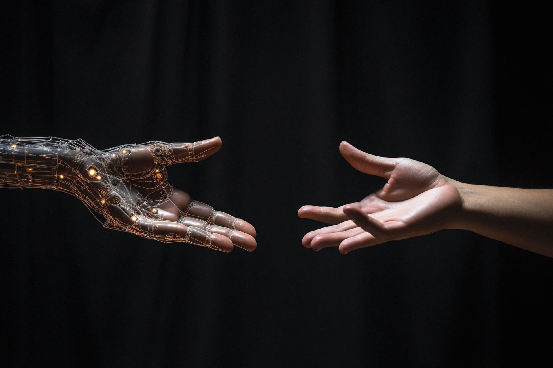 Two hands reaching to each other, one robotic style with four fingers and the other is a human hand with six fingers