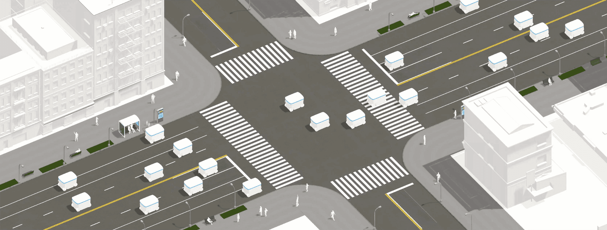 Aerial gracescale illustration of autonomous cars at urban intersection