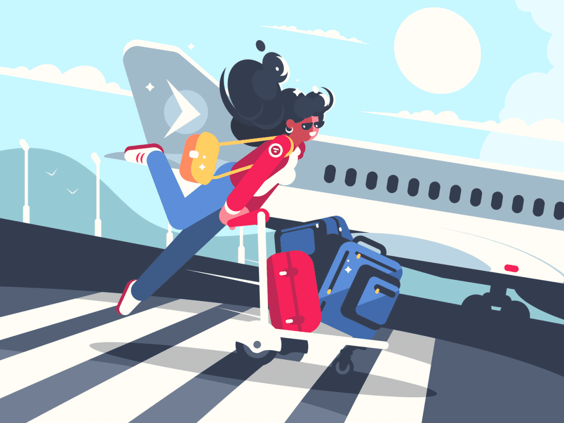 Illustration of woman in front of an airplane with blue and red baggage