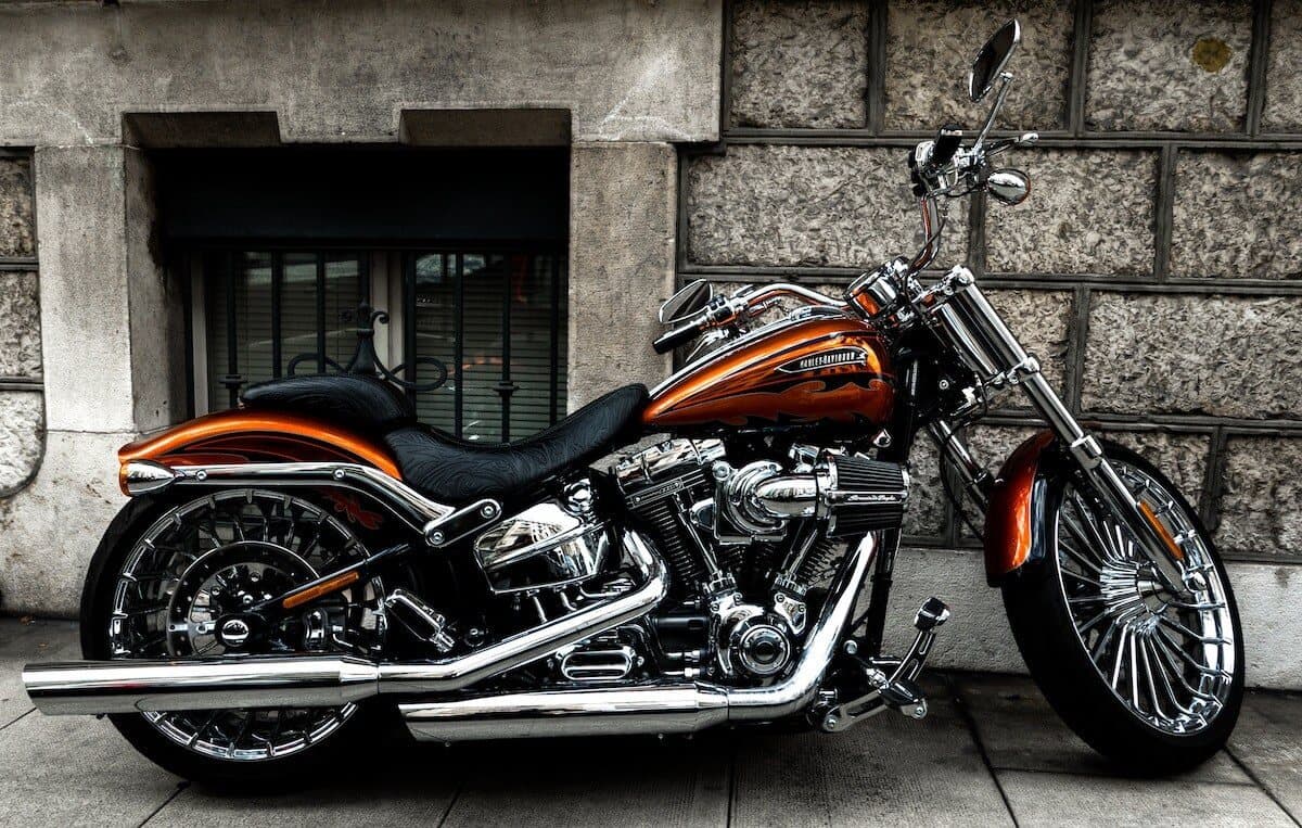 Black and orange Harley Davidson motorcycle