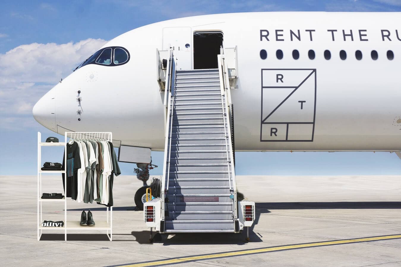 Aircraft with Rent the Runway logo and opens steps