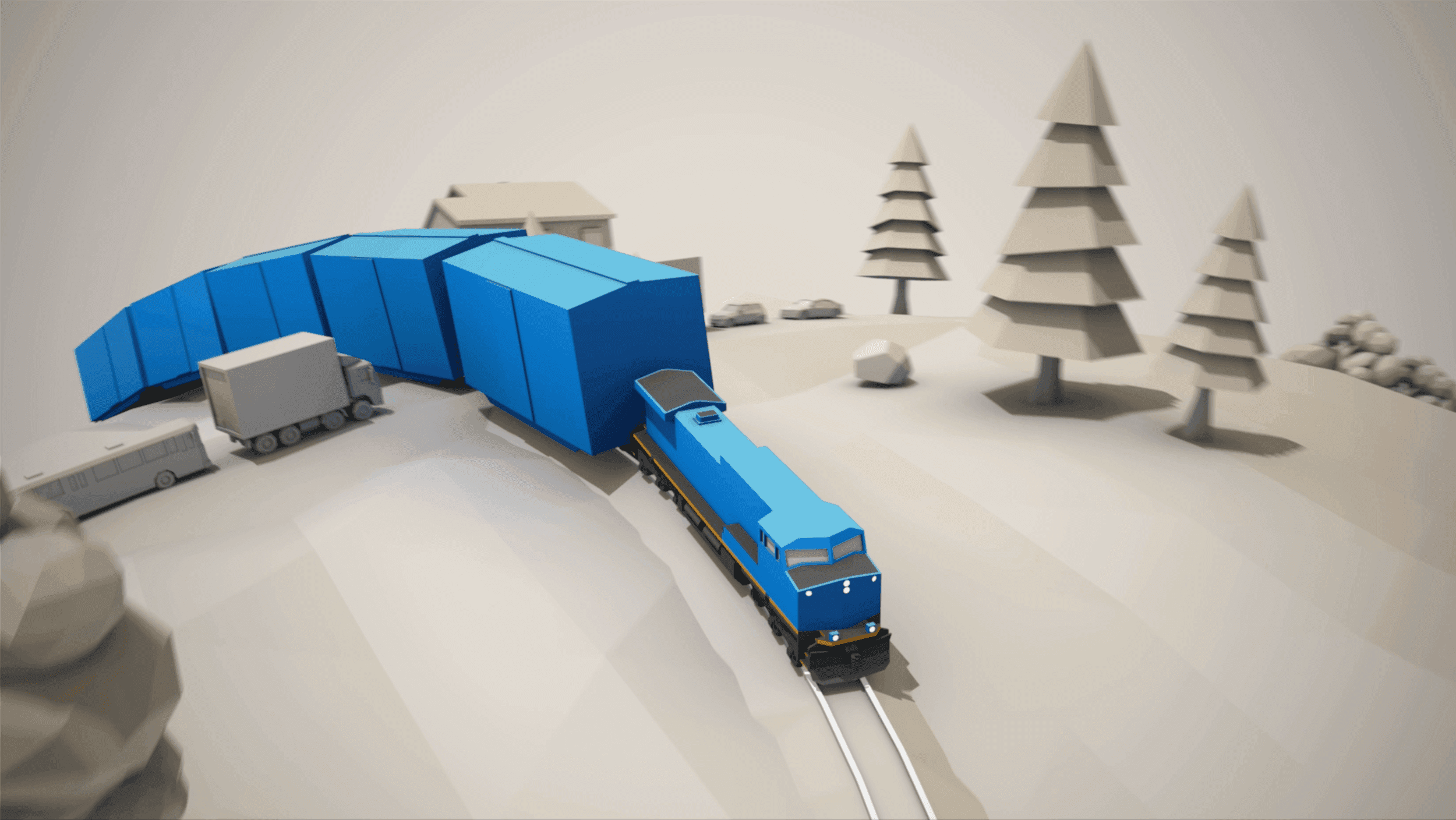 Illustration of blue train traveling through grey 3D landscape
