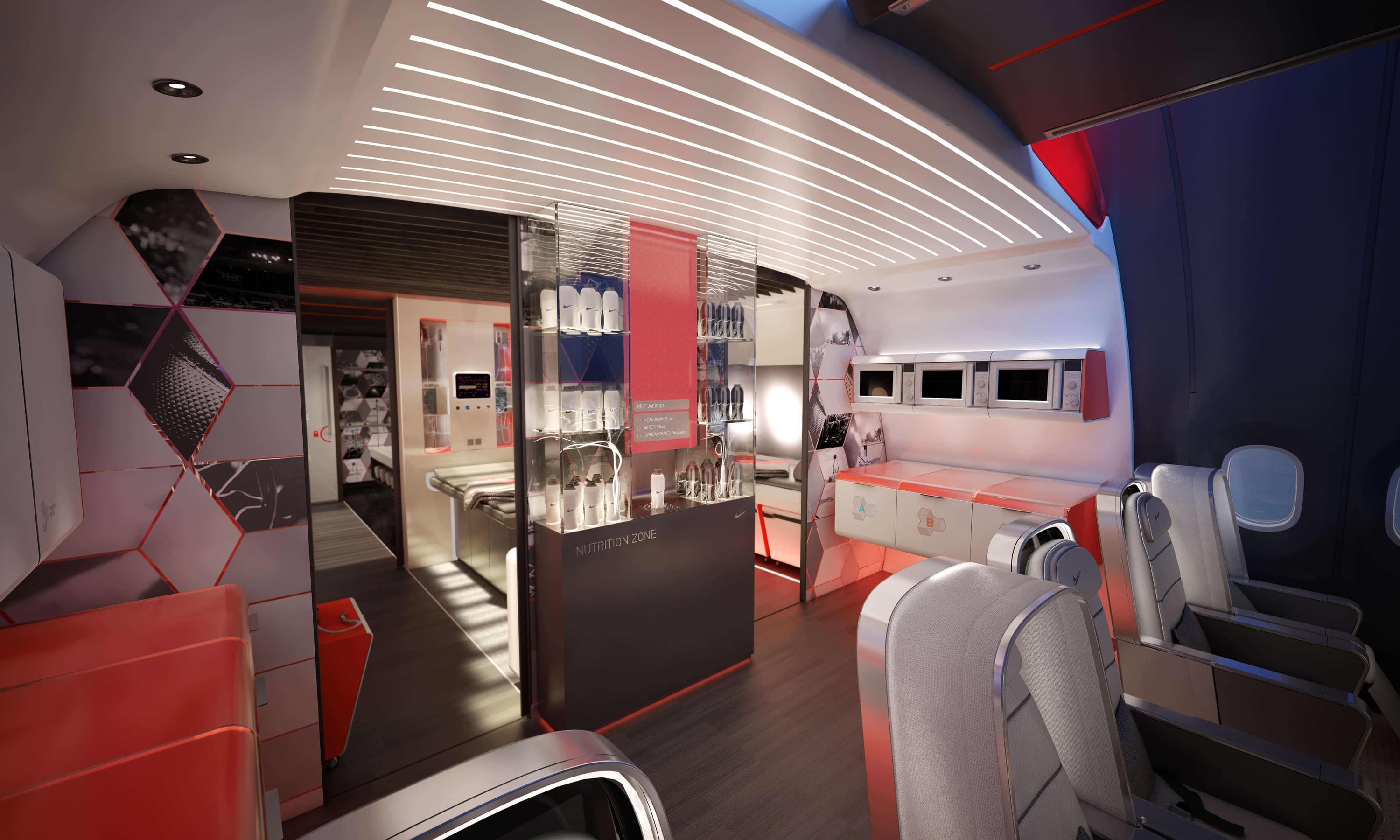 Interior of Teague's 787 airplane designed for Nike with red and black color theme