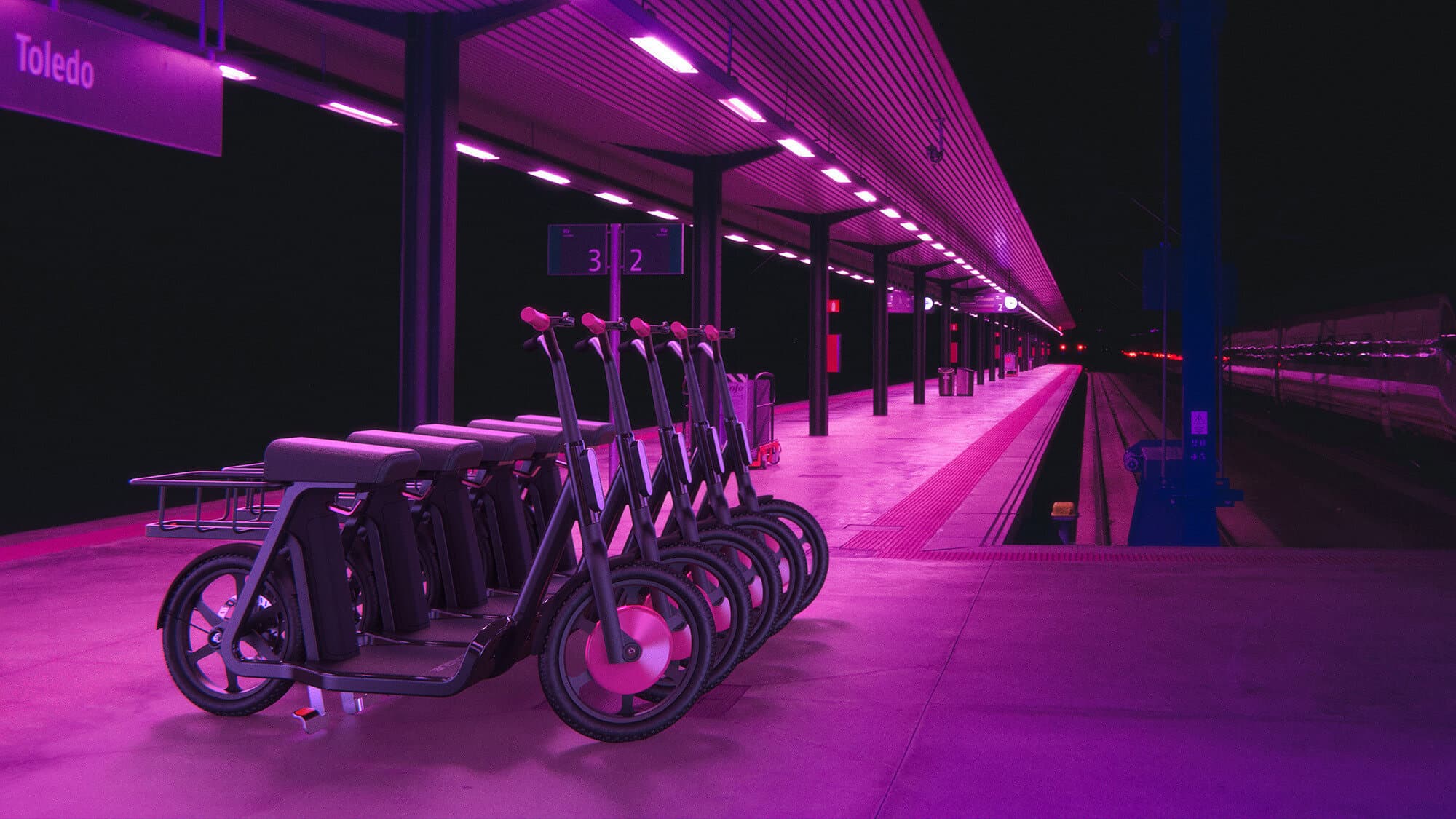 Electric scooter dock lit at night