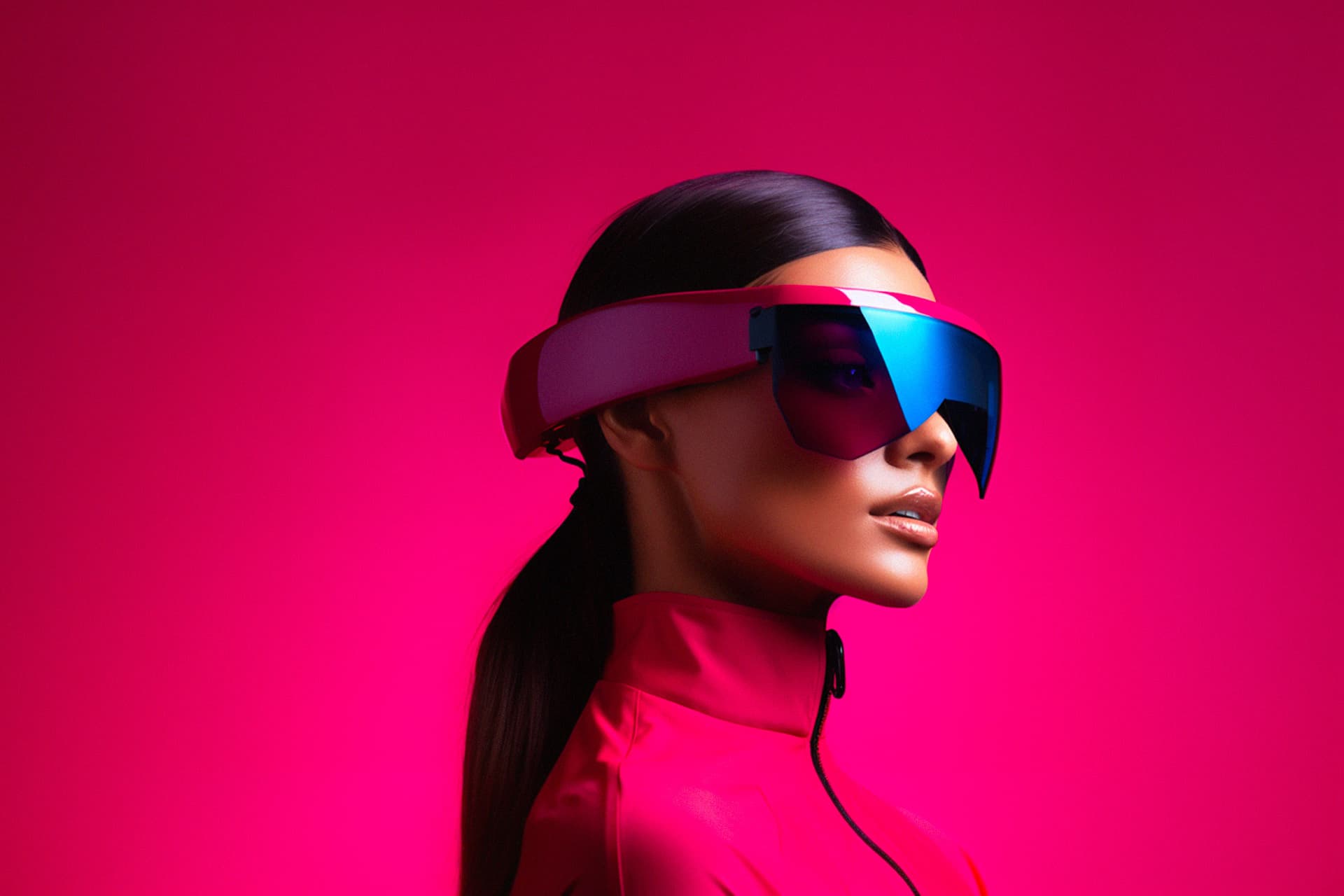 Women with dark hair in low ponytail wearing magenta turtleneck and futuristic VR headset