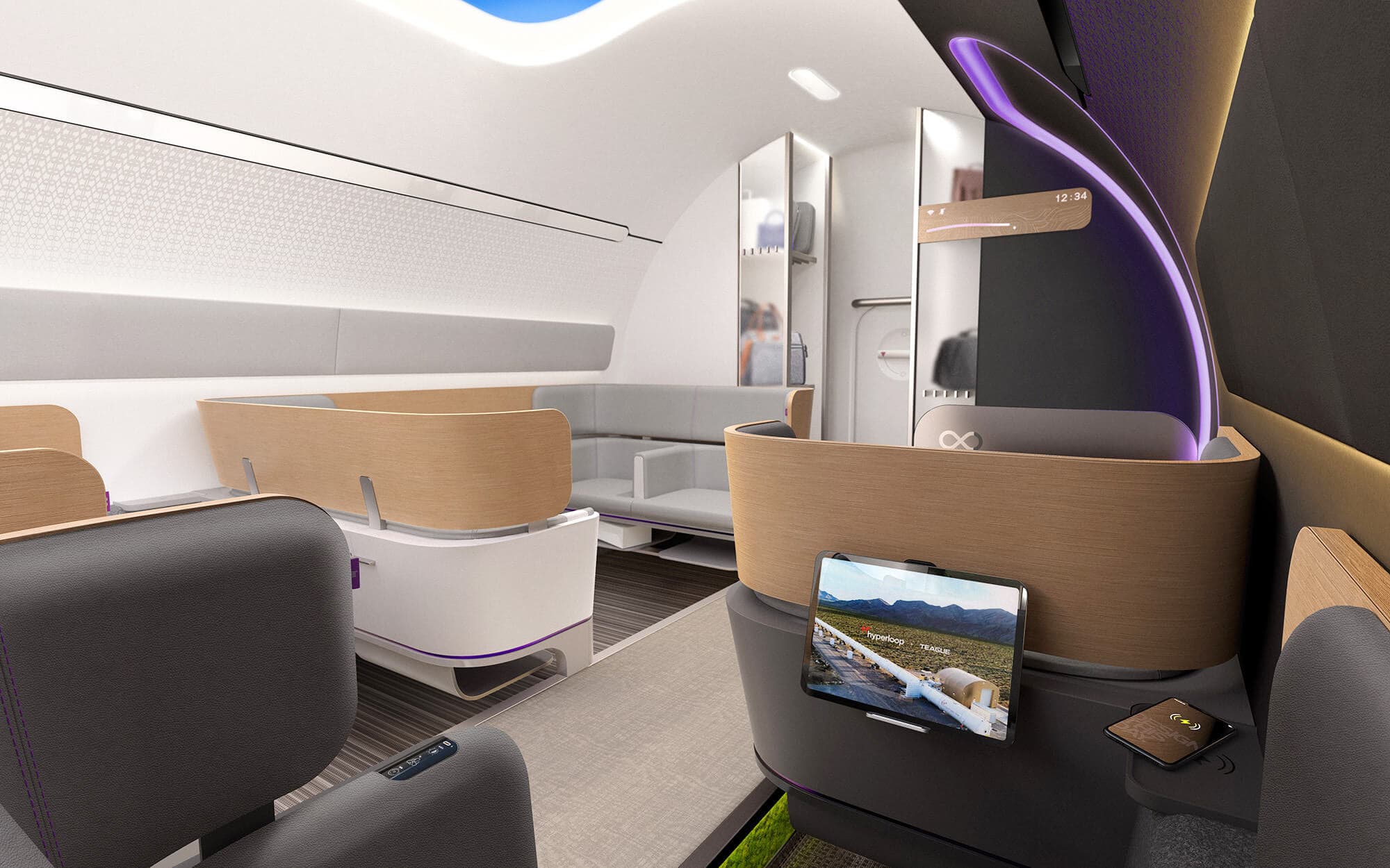 Virgin Hyperloop interior with skylight at purple accents