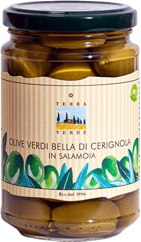 Terra Verde: Grüne, grosse Bio Oliven in Salzlake mit Stein