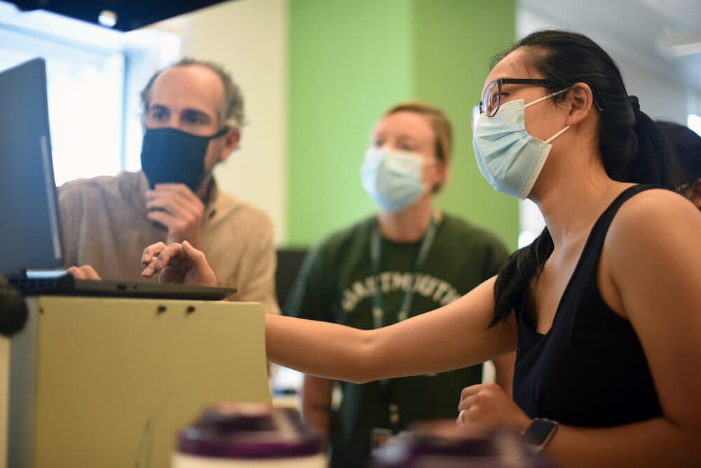 Professor Ryan Halter and student Mimi Lan work together in a lab on the EIT Enabled Bioreactor