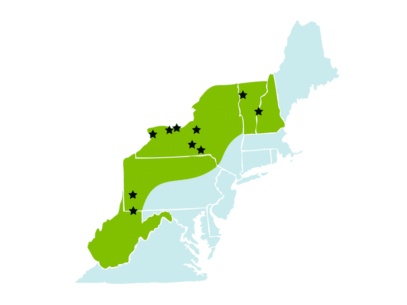 Map showing the locations of the participating schools throughout the Northeast US