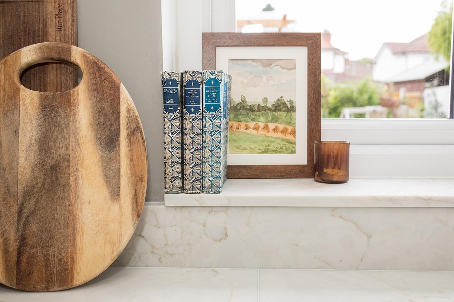 Chopping board on a quartz window cill