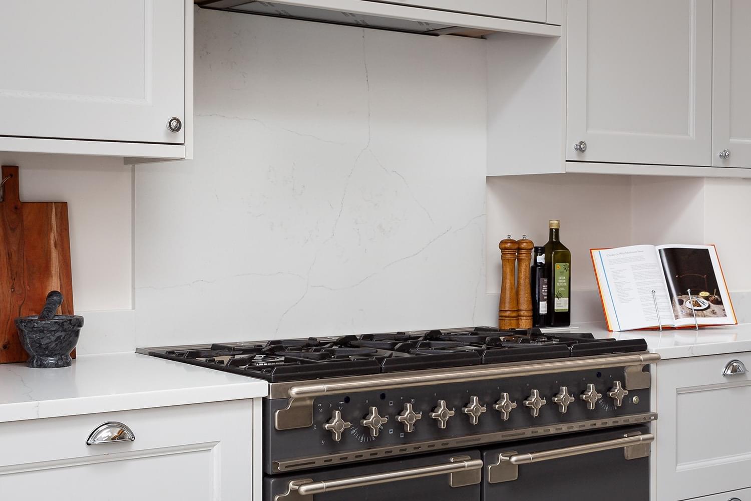 Cookbook on a quartz kitchen worktop