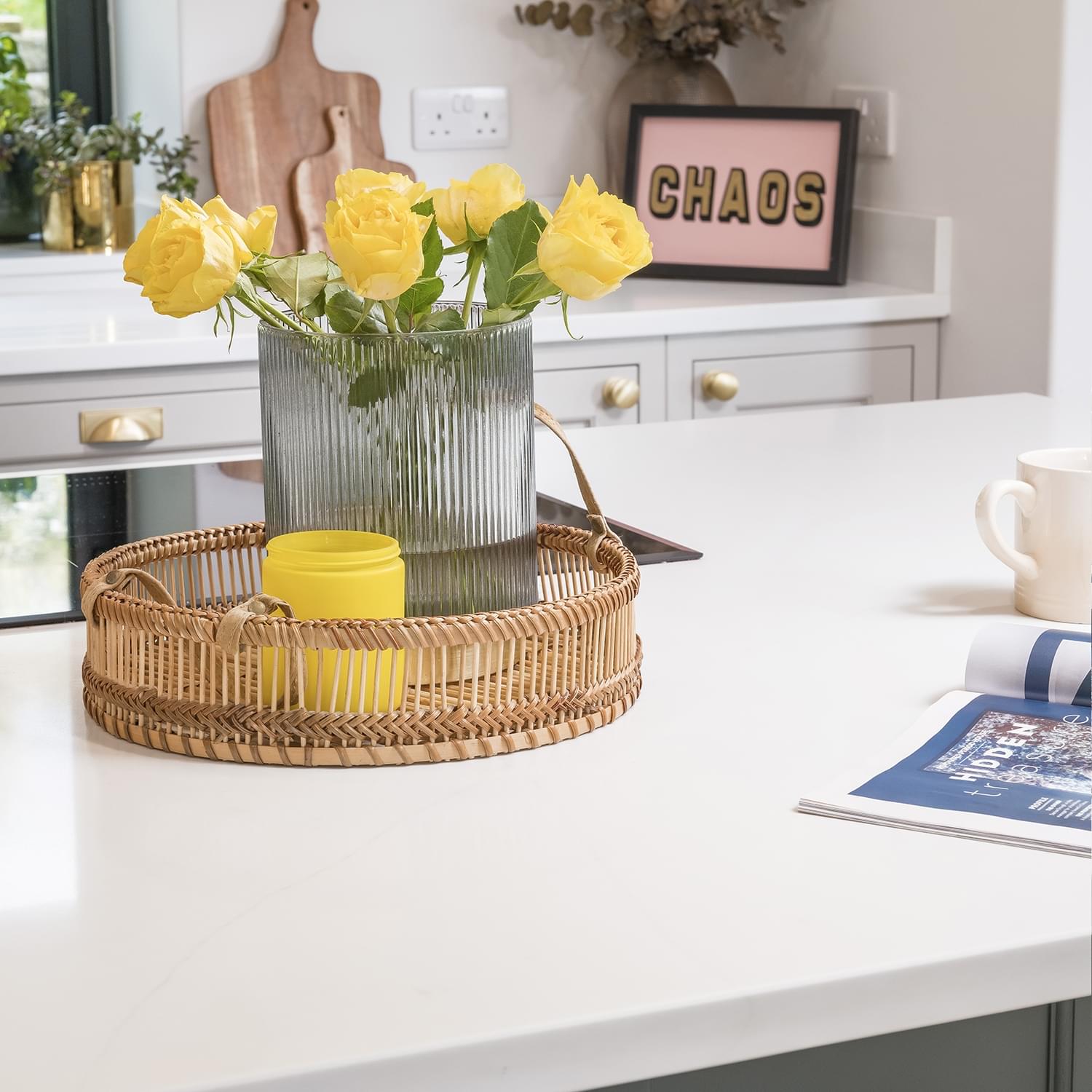 Daffodils on white quartz worktop