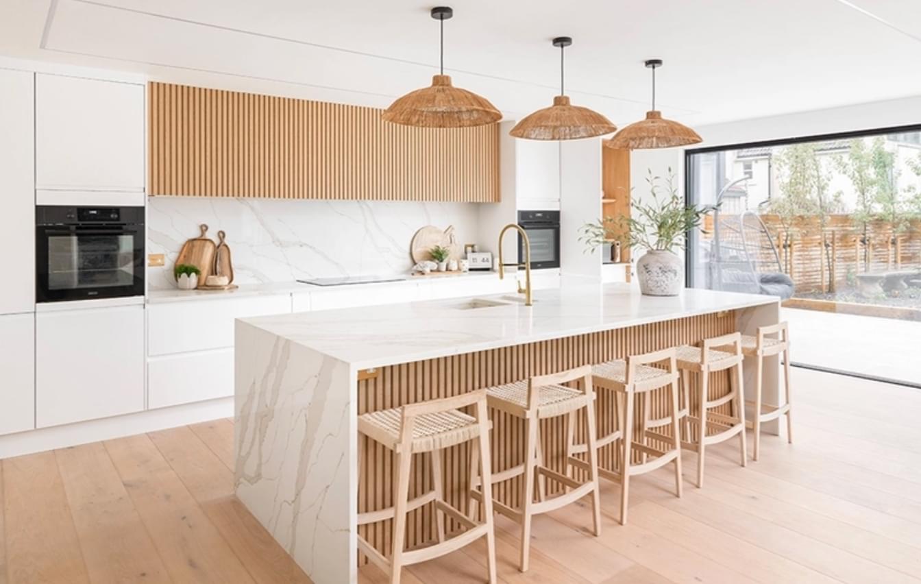 Quartz worktops with waterfall