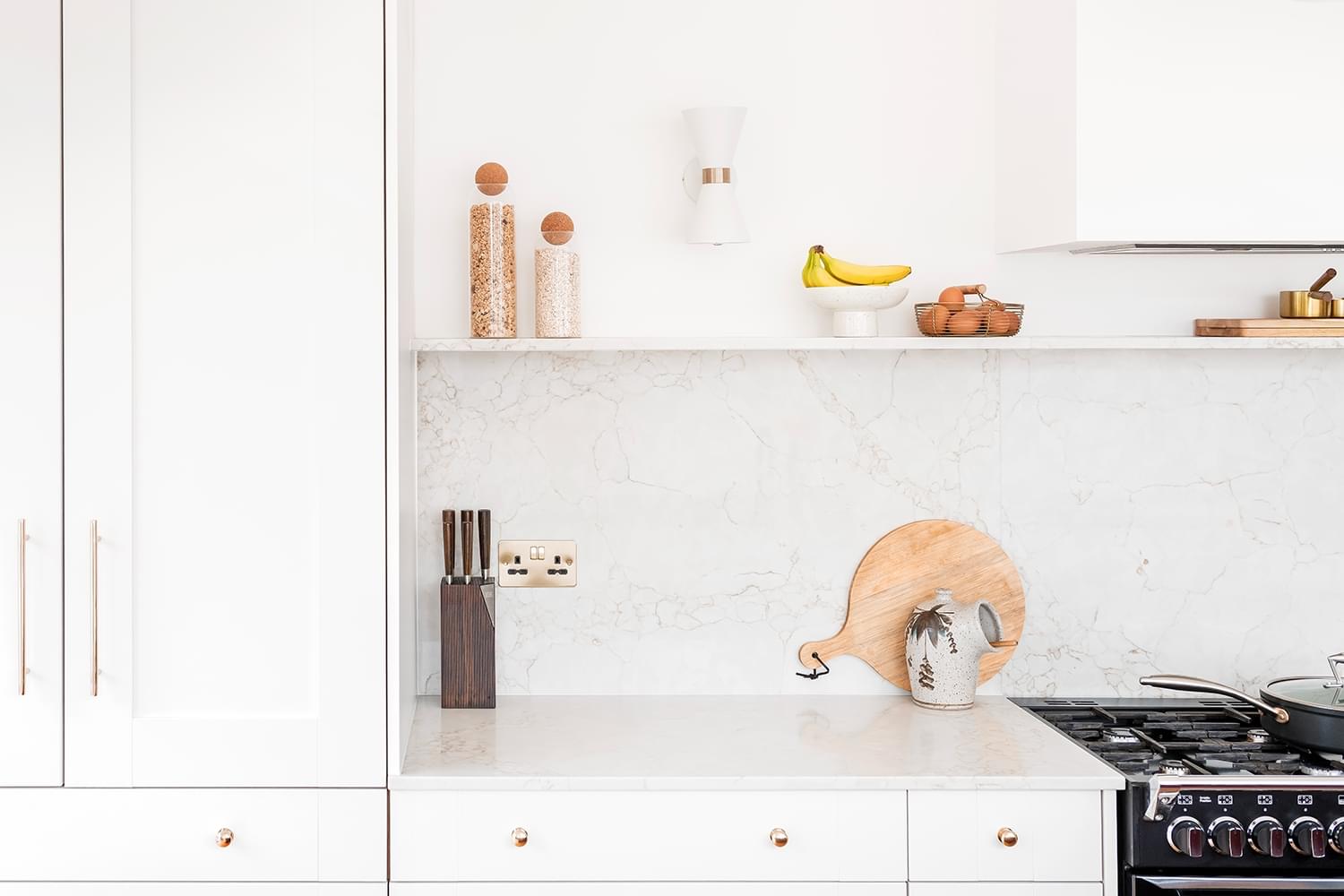 Floating shelves and quartz worktops