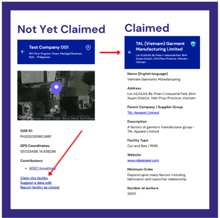 Image shows a facility's info from Not Yet Claimed to Claimed.