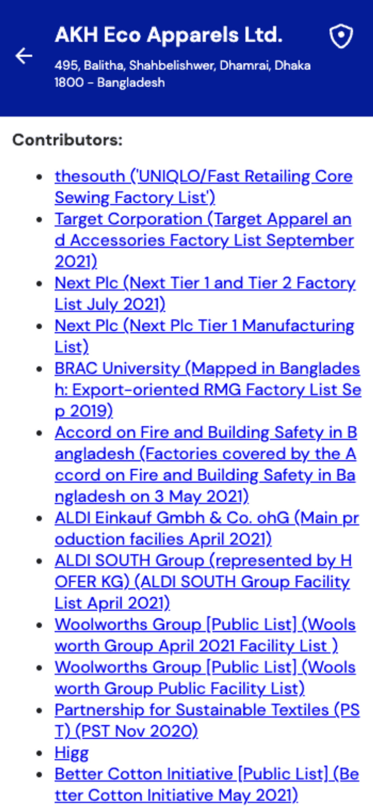 Image shows a screenshot of contributors to AKH Eco Apparels Ltd.