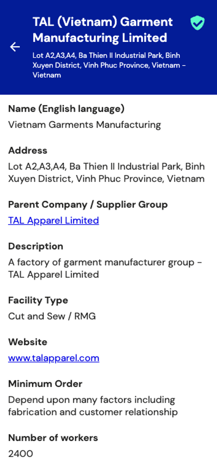 Image shows a screenshot of the info of TAL (Vietnam) Garment Manufacturing Limited.