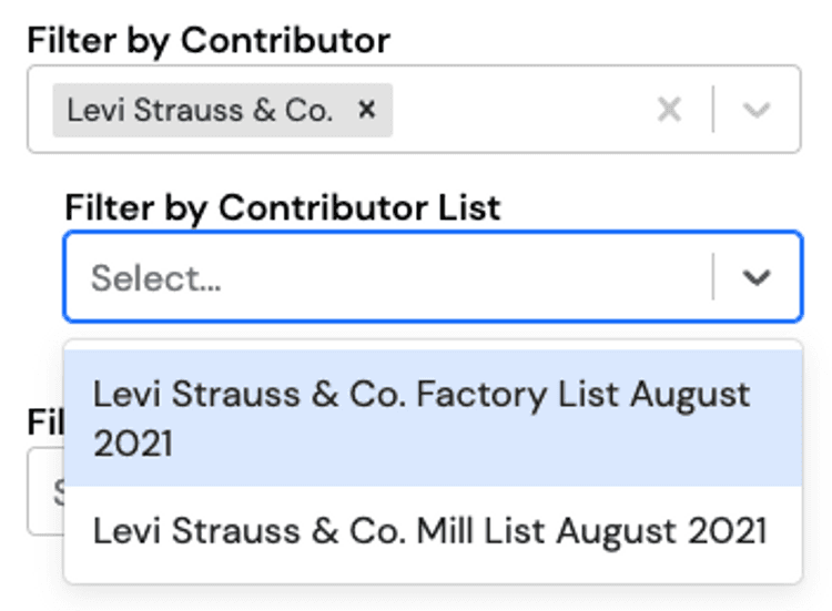 Image shows a screenshot of Filter by Contributor List of Levis Strauss Co.