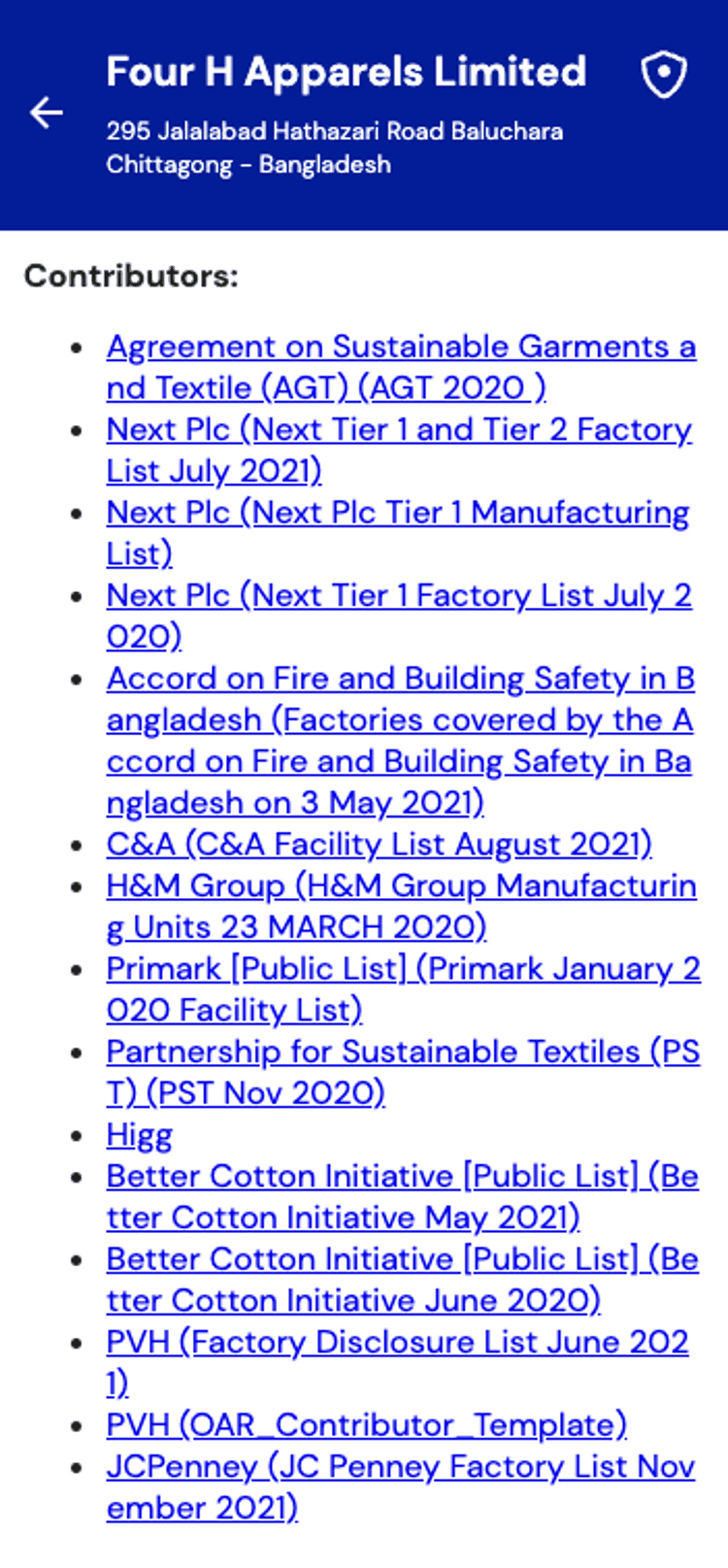 Image shows a screenshot of Four H Apparels Limited's contributors.