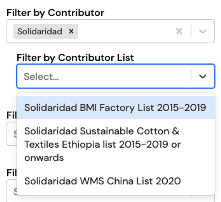 Image shows a screenshot of Filter by Contributor List of Solidaridad.