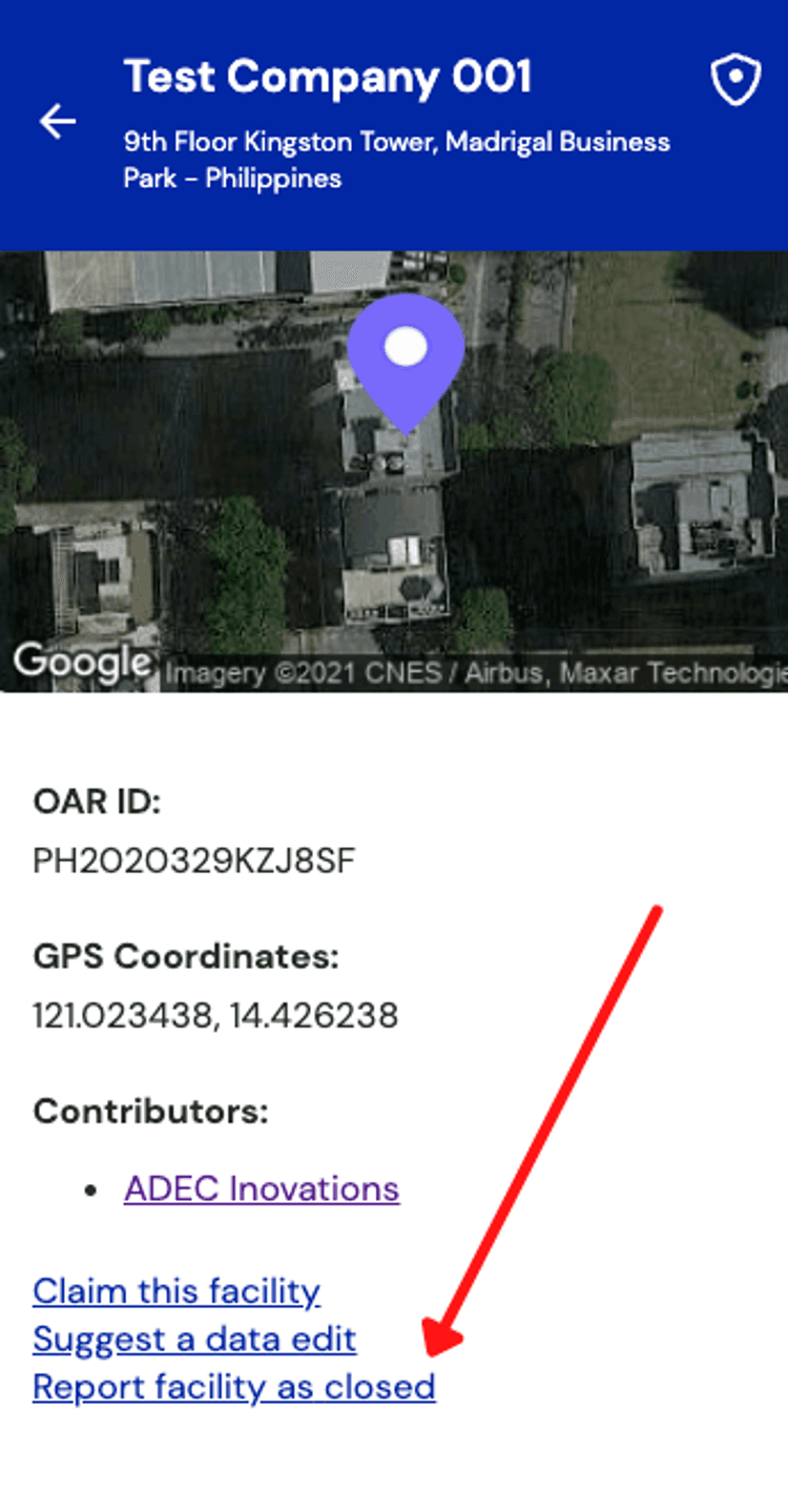Image shows how to report a facility as closed.