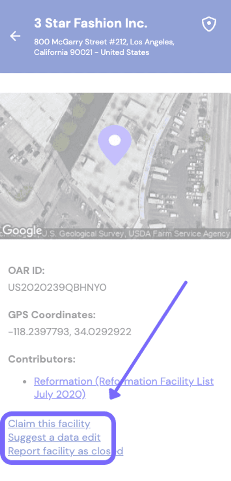 Image shows a screenshot of 3 Star Fashion Inc. claim this facility section.