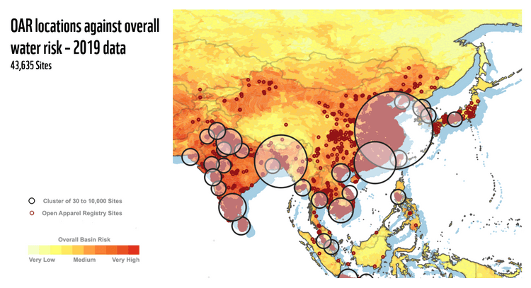 Image shows a map of OAR locations against overall water risk using 2019 Data.
