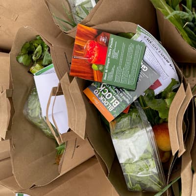 Image of brown bags with fresh produce waiting to be distributed to community